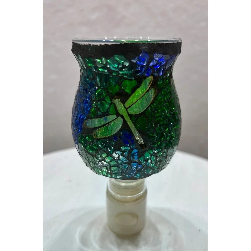 Mosaic Glass Dragonfly Wax Warmer Night Light Green Blue Stained Glass Plug In